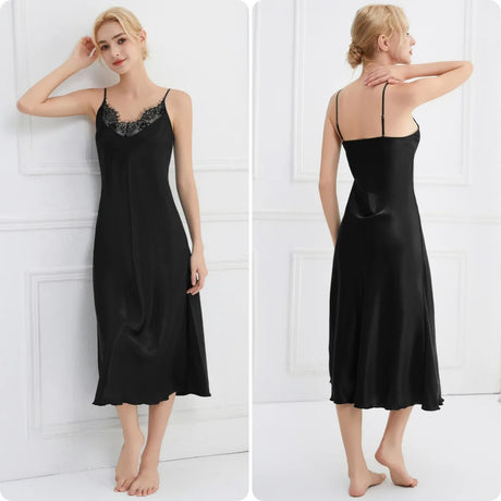 Sexy Women Long Nightgown Intimate Lingerie Patchwork Lace Suspender Nightdress Chemise Sleepwear Loungewear Silk Satin Homewear