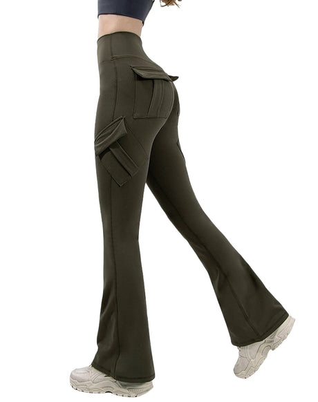 New Women Casual Bootleg Yoga Pants Plus Size Workout Flare Leggings High Waist dungarees Pants with Pockets Sports Wear