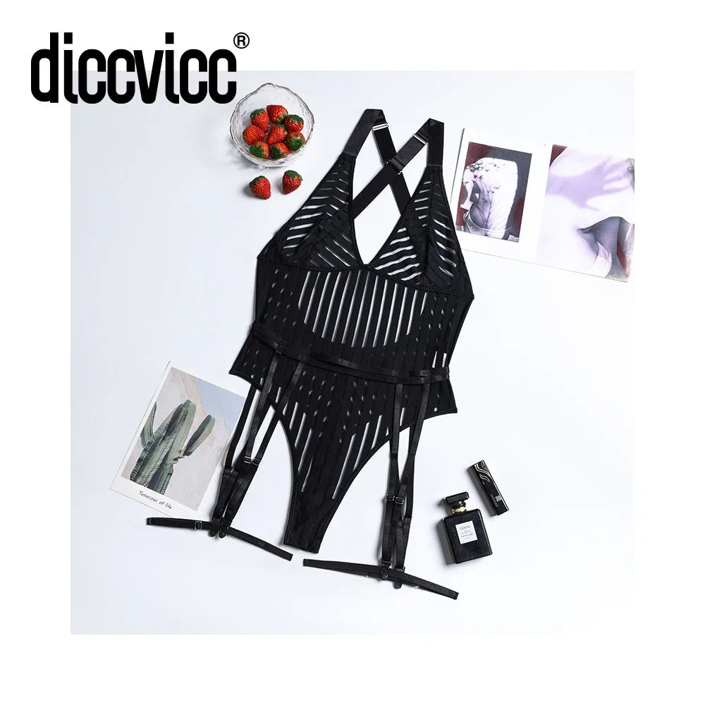 Diccvicc Women Mesh Bodysuit See Through V Neck Sexy Underwear Black Intimate Lingerie Exotic Apparel Backless Fishnet Teddies