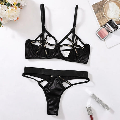 Women's 2-Piece Lingerie Set Studded Hollow-Out Push-Up Bra Cupless Steel Underwire Lace-Up Thong Erotic Underwear Kit