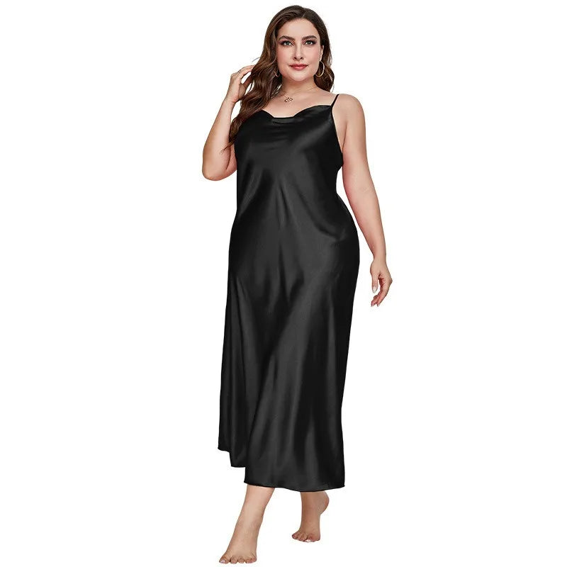 2025 New Women's Fashionable Sexy Plus Size 2XL Long Silk-Like Sling Nightgown Breathable Casual Sleepwear Loungewear