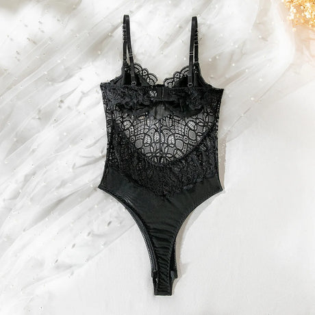 BornToGirl Sexy Bodysuit Women Black Bodycon Lace One Pieces Solid Slim Mesh Bodysuits Jumpsuit Tops Body Suit Y2K