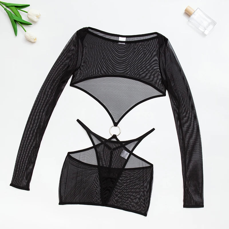Sexy Lingerie Set Transparent Sheer Mesh Babydoll Erotic Nightwear Women Cutout Waist Lace Underwear Women's Sexy Nightie