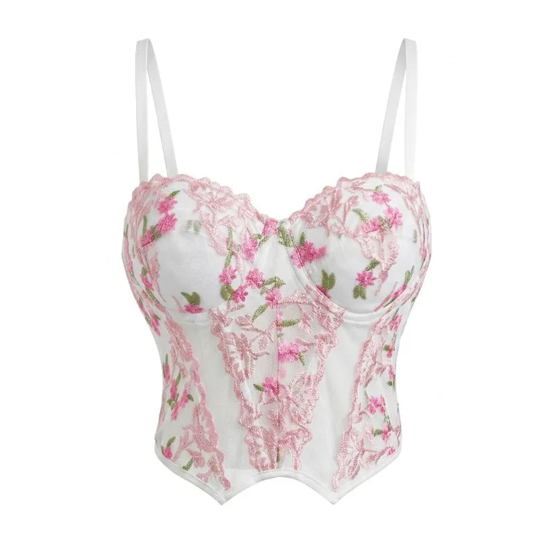 Retro White Mesh Corset Women Gothic Thin Strap Sweetheart Pink Floral Embroidery Waist Shaper Elegant Wear