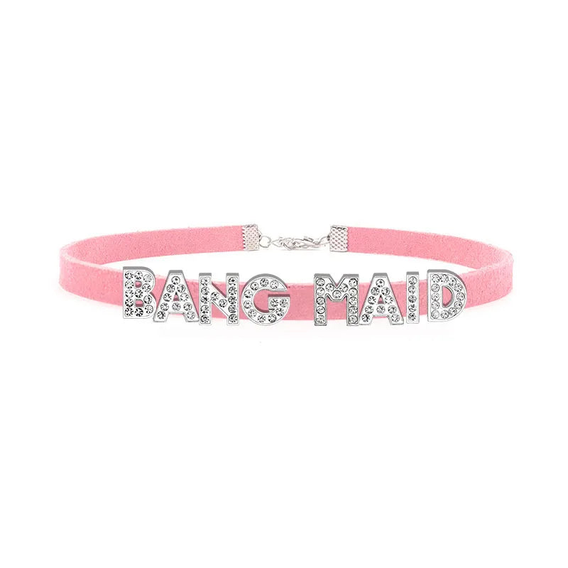 Sexy Rhinestone Letters Hotwife Collar Choker for Women Men DIY Customized Necklaces Pink Suede Leather Cosplay Jewelry Gift