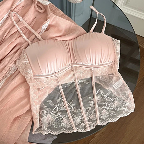 Women Elegant French Longline Lingerie, Lace Satin Wireless Bra, Push Up Sexy Open Back, Luxury Bridal Underwear Fit Small Bust