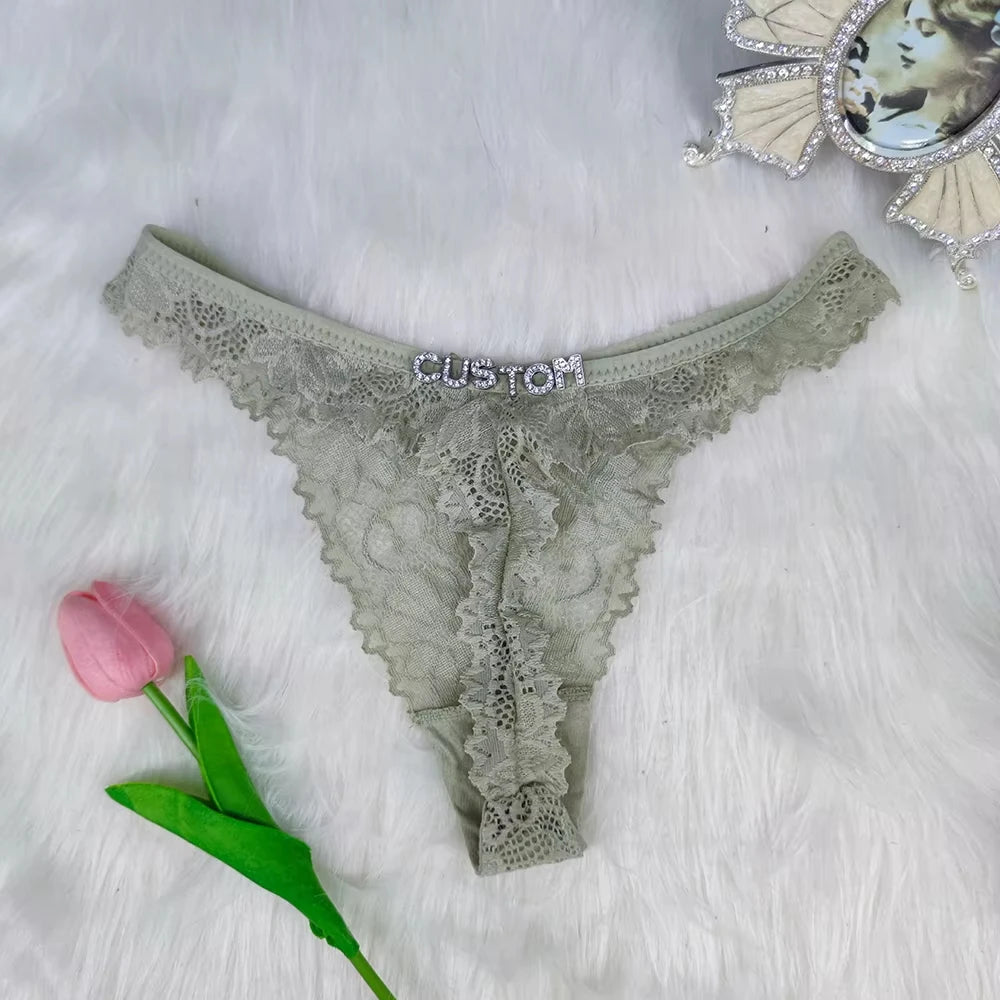 Sexy Custom Thong Name Lace String Customized Women Name Thong Crystal Letters Underwear Personalized Gift for couple