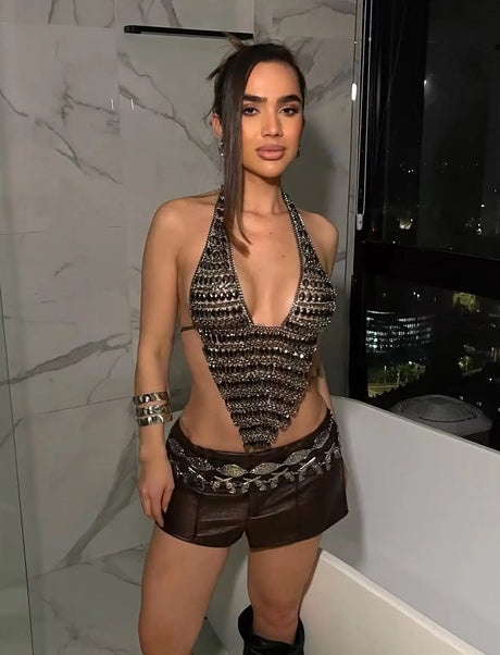 Women Sexy Backless Shine Diamond Body Chain Exotic Tanks Novelty Hollow Out Chest Chains Decor Bustier Tops Nightbar Clubwear