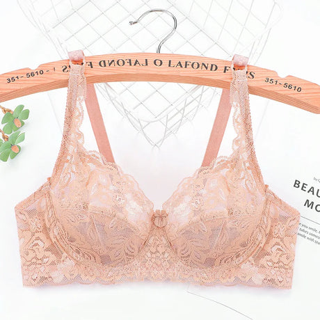 Plus Size Lace Ultra-thin Push Up Bra Women Sexy Hollow Out Lingerie Lady Lace Transparent Underwear Female Embroidery Solid Bra
