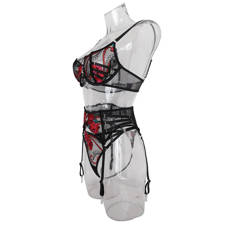 Ellolace Seductive Sexy Lingerie Bra Belt Thong 3PC Set Beautiful Floral Embroidered Intimate Tempted Women Underwear