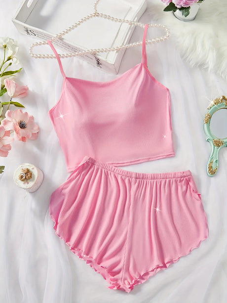 Women’s 2 Piece Solid Color Pajama Set, Square Neck Crop Cami Top and Ruffle Trim Split Shorts, Ribbed Sleepwear Loungewear