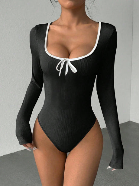 Women Square Neck Contrast Trim Tie Front Ribbed Knit Long Sleeve Bodysuit High Cut Slim Fit Y2K Sexy Casual Basic One Piece Top