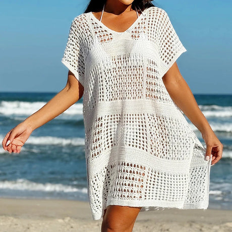 Knitting V-Neck Sexy Hollow Out Beach Bikini Cover-Ups Ladies Summer Vacation Casual Loose Beachwear Sunscreen Smock