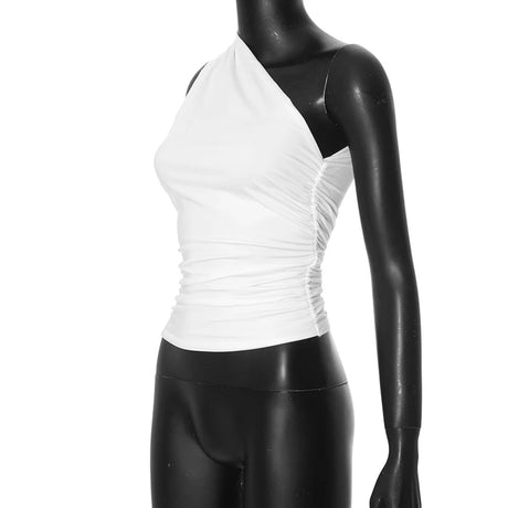 Solid Color One Shoulder Backless Shrink Tank Top T-Shirt Candy Color Tight Sexy Sleeveless Neckless Slim Casaul Top
