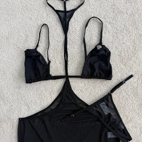 Tornova Erotic Bodysuit Perspective Hollow Sexy Suit Women's BlackMesh Jumpsuit Sexy Suspender Private Underwear Three-piece Set