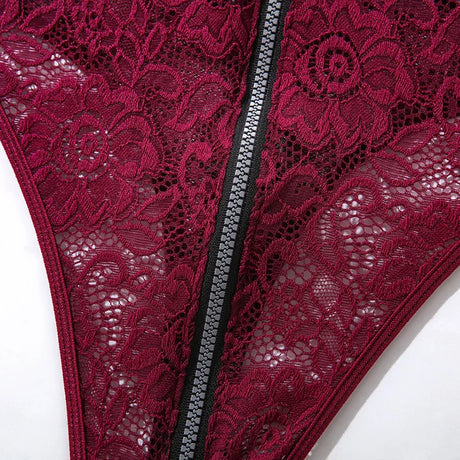 Sexy Zipper Front Lace Bodysuit High Cut Mesh Teddy Lingerie Women Halter Neck See Through Body Stocking Erotic Costume Purple