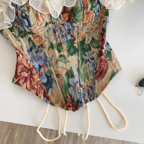 Retro Ruffle Off Shoulder Print Tube Top Sexy Bandage Corset Bustier Camis Tank Top Slim Summer Women Party Crop Top