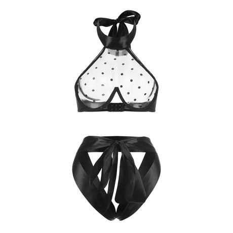 Large Size Black Latex Leather Underwear Women 2 Piece Polka Dot See-Through Sexy Lingerie Patchwork Lace Erotic Baby Dolls