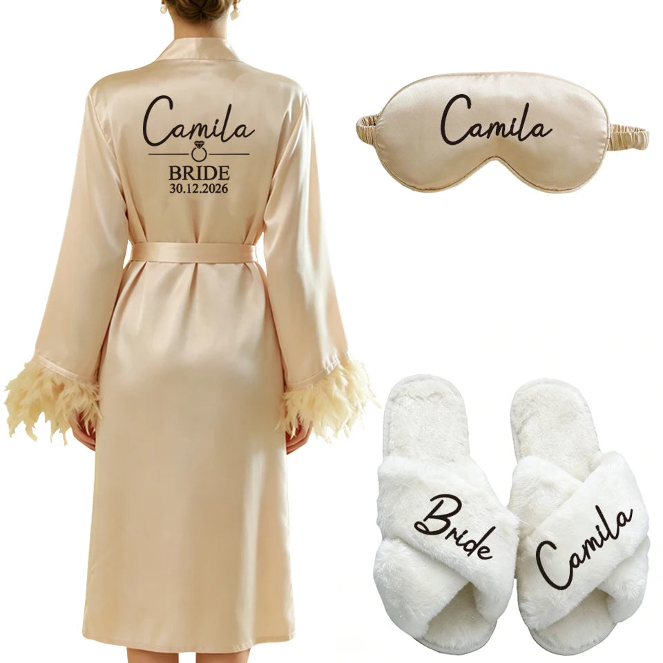 Personalized Name Date Wedding Feather Bride Robe Bridesmaid Bathrobe Nightwear Long Elegant Woman Gown Sexy Nightgown for Party