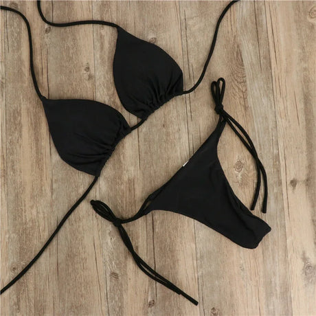 Solid Red String Bikini Set Halter Neck Triangle Top Side Tie Thong Bottom Women Summer Beach Swimwear