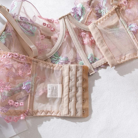 Floral Lingerie Set PushUp Bra Thong Sheer Mesh Underwear Breathable Lace Bralette Kits for Women