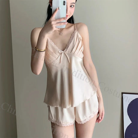2025 Summer New Cami Top&shorts Sexy Lace Trim Pajamas Nightwear Lady's Lingerie Attractive Pijamas Backless Home Clothes