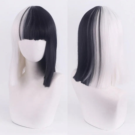 Cosplay Halloween Party Wigs CRUELLA Deville De Vil Black White With Bangs Short Bob Hair for Women Heat-Resistant Synthetic Wig