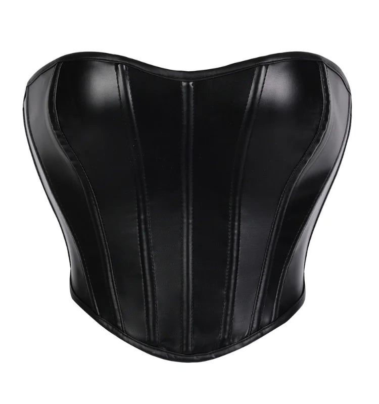 Women Faux Leather Strapless Corset Boned Back Lace Up Waist Cincher Gothic Party Club Night Out Wear