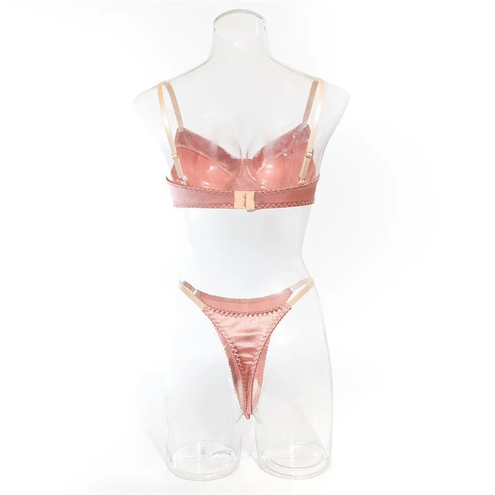 Krasapt Romantic Satin Lingerie 2 Pcs Sets Sexy Patchwork Bras And Thongs Underwear Suits Wedding Night Erotic Intimate Outfits