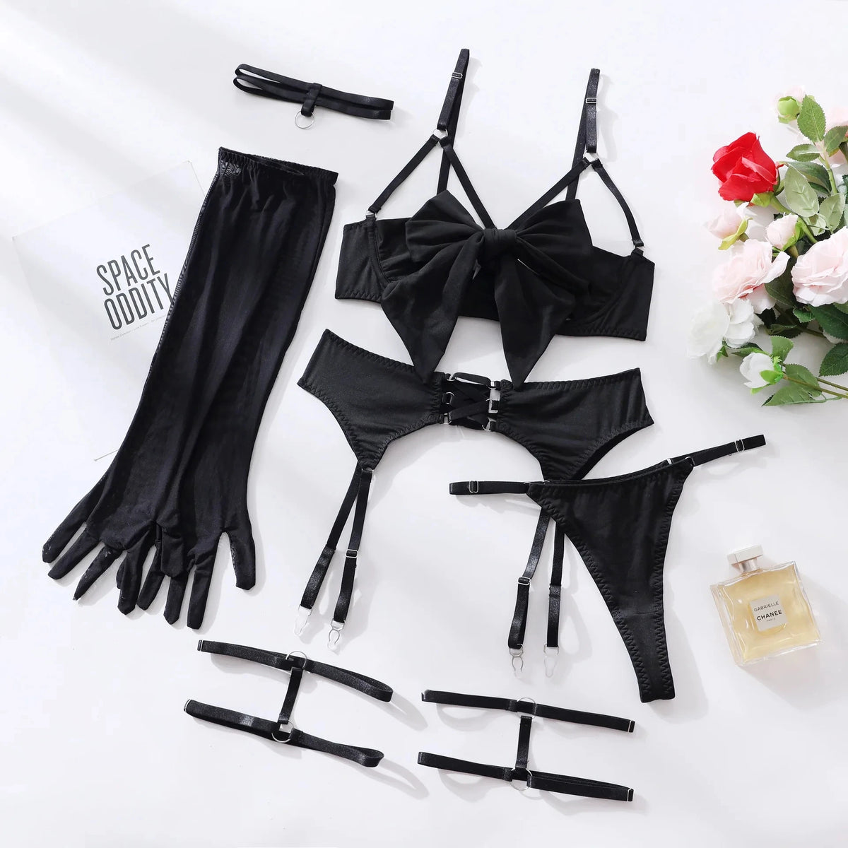 Cupless Lingerie Set Silk Bra Thigh Straps 3Piece Satin Bowknot Erotic Underwear for Women