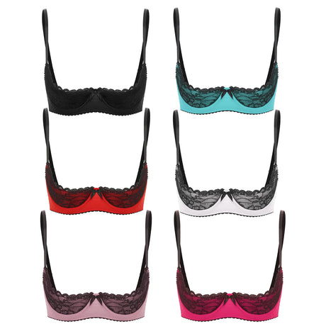 Women Sexy Open Cups Bra Exposed Nipples Lingerie Tops Adjustable Straps Underwire Lace Push Up Brassiere Underwear Nightwear