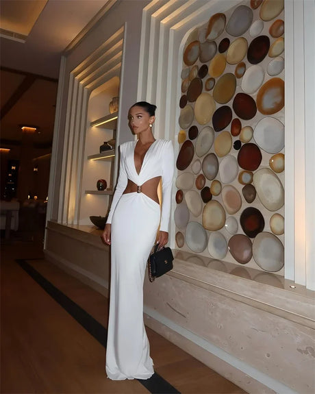 Deep V Neck Long Sleeve Sexy Maxi Dress Women Gown Autumn Fashion Hollow Out Backless High Waist Club Party Long Dress