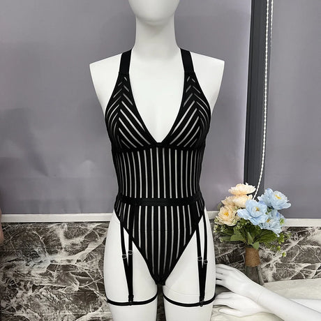 Sexy Lingerie Strip See Through Bodysuit Deep-V Halter Erotic Costumes Backless Jumpsuit Suspenders Underwear Women Garter 2024