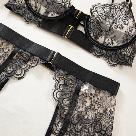 Krasapt Luxury Black Flower Embroidery Lingerie 4 Pcs Sets Fancy Mesh Transparent Metal Buckle Bra And Thong Garter Erotic Set