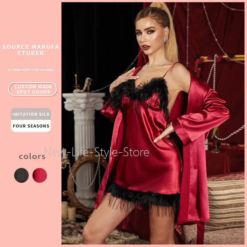 New European Luxury Plus Size Women Pajama Set Sexy Spaghetti Strap Nightgown with Fringe Trim Matching Robe Loungewear