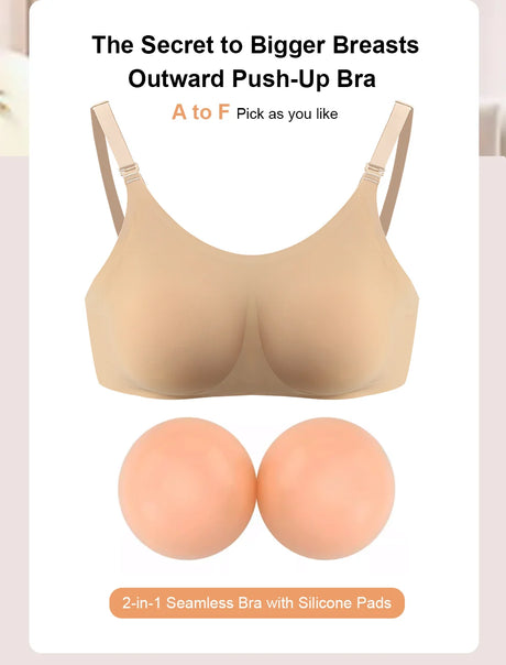 2024 Round Shape Silicone Fake Breast Forms Push Up Seamless One Piece Bra for Crossdresser Shemale Drag Queen Large 2 In 1
