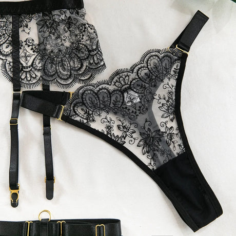 Red Lace Lingerie Set Women Half Cup Push Up Bra Thong Garter Belt Sexy Erotic Underwear Romantic Nightwear Valentine Gift