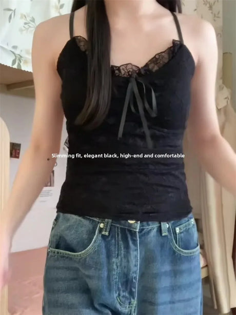 Elegant Lace White Camisole Women's Vest with Chest Pad Unique Design Inner Wear Base Top Knot Backless Style