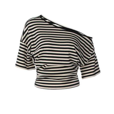 2026 New Autumn Women Vintage Striped Off Shoulder T-shirt Waist Cinching Slim Fit Daily Wear Ladies Tops