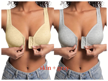 Women's Bra Wire-Free Front Closure Solid Color Full Coverage Fixed Cups More Considerate for Middle-Aged And Elderly Individual