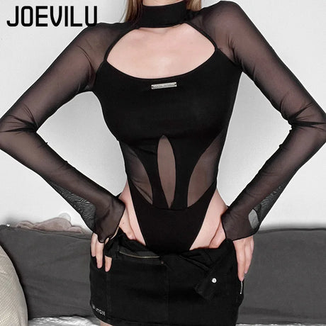 Mesh Long Sleeve Hollow Out Bodysuit Streetwear All Season Fashion Women's Solid Color Slim Fit Tops Y2k Gothic Sexy Rave Outfit