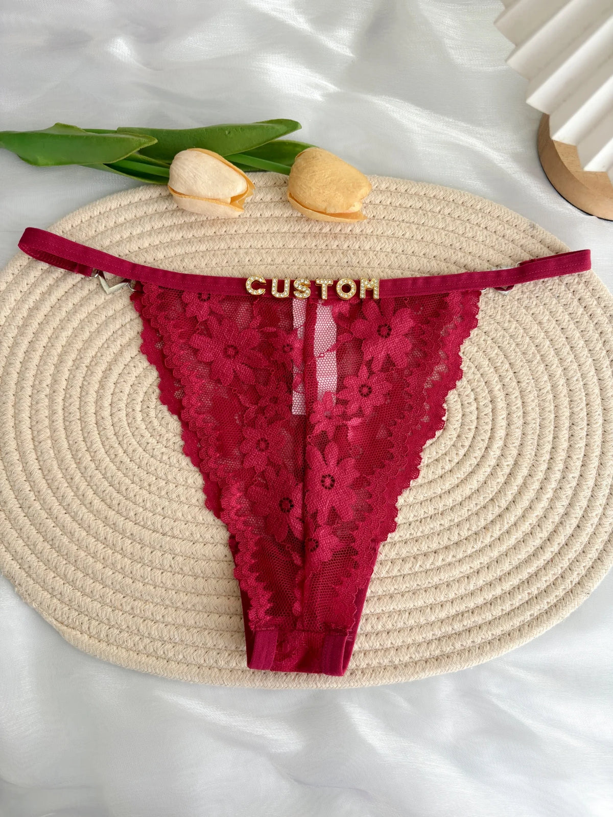 Custom Rhinestone Letter Name Text Sexy Lace Thong Panties Low Rise G-string Personalized Gift Wife Lover Anniversary Festival