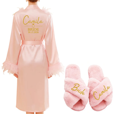 Personalized Name Date Wedding Feather Bride Robe Bridesmaid Bathrobe Nightwear Long Elegant Woman Gown Sexy Nightgown for Party
