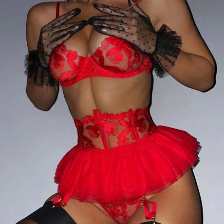 Toucheart 3 Piece Set Lingerie Garter Sets Lingerie For Woman Sexy Mini Skirt See-Through Embroidered Bra Erotic Underwear New