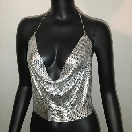 Sexy Metal Sequins Tank Top For Women 2025 Summer V Neck Backless Crop Tops Luxury Solid Short Party Nightclub Tank Tops
