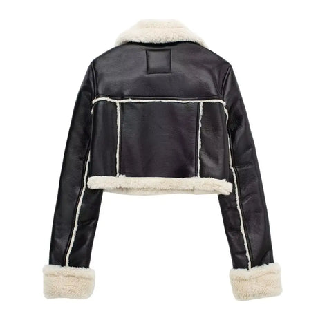 HH Women Faux Leather Thicken Short Jacket Vintage Front Zipper Lapel Long Sleeve Coat Winter Women Warm Casual Outerwear