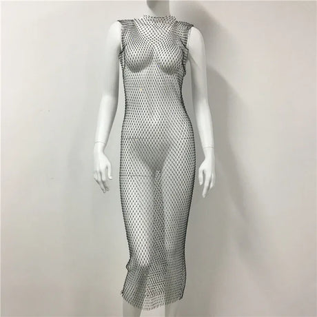 Fishnet Bling Diamonds Women Dress High Split Plaid See Through Sleeveless Summer Sexy Slim Long Dresses Dance Party Fashion New