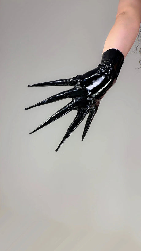 POINTED FINGER GLOVES 85cm 33" Long Spike Shoulders Patent Faux Leather PU Arm Warmers Shine Black LLDLLNT