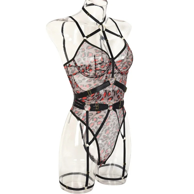 Leopard Print Strappy Bodysuit Blue Caged Harness Lingerie Sexy Mesh Sheer Teddy Underwire Erotic Lenceria Mujer
