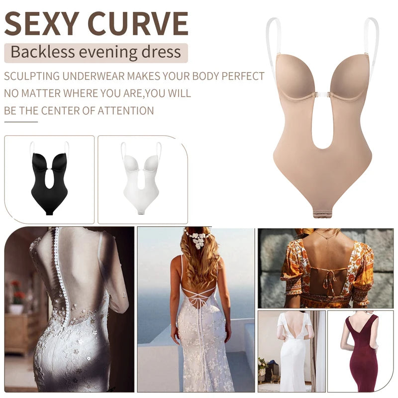 Backless Bodysuit Shapewear for Women Built-in Bra Multiple straps Thongs Body Shaper U Plunge Seam-free Faja with Open Crotch